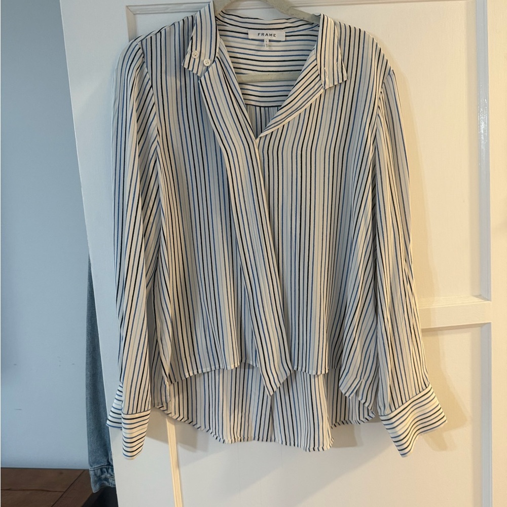 Frame Denim Women's Striped White and Blue Blouse